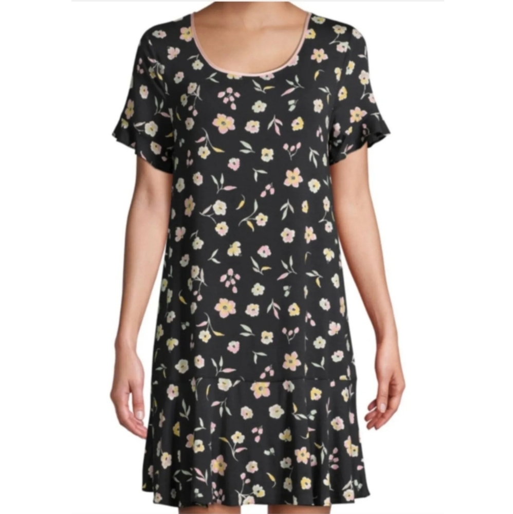 Kate Spade Womens Black Floral Multi Dress Sleep Gown with Ruffle Sleeves